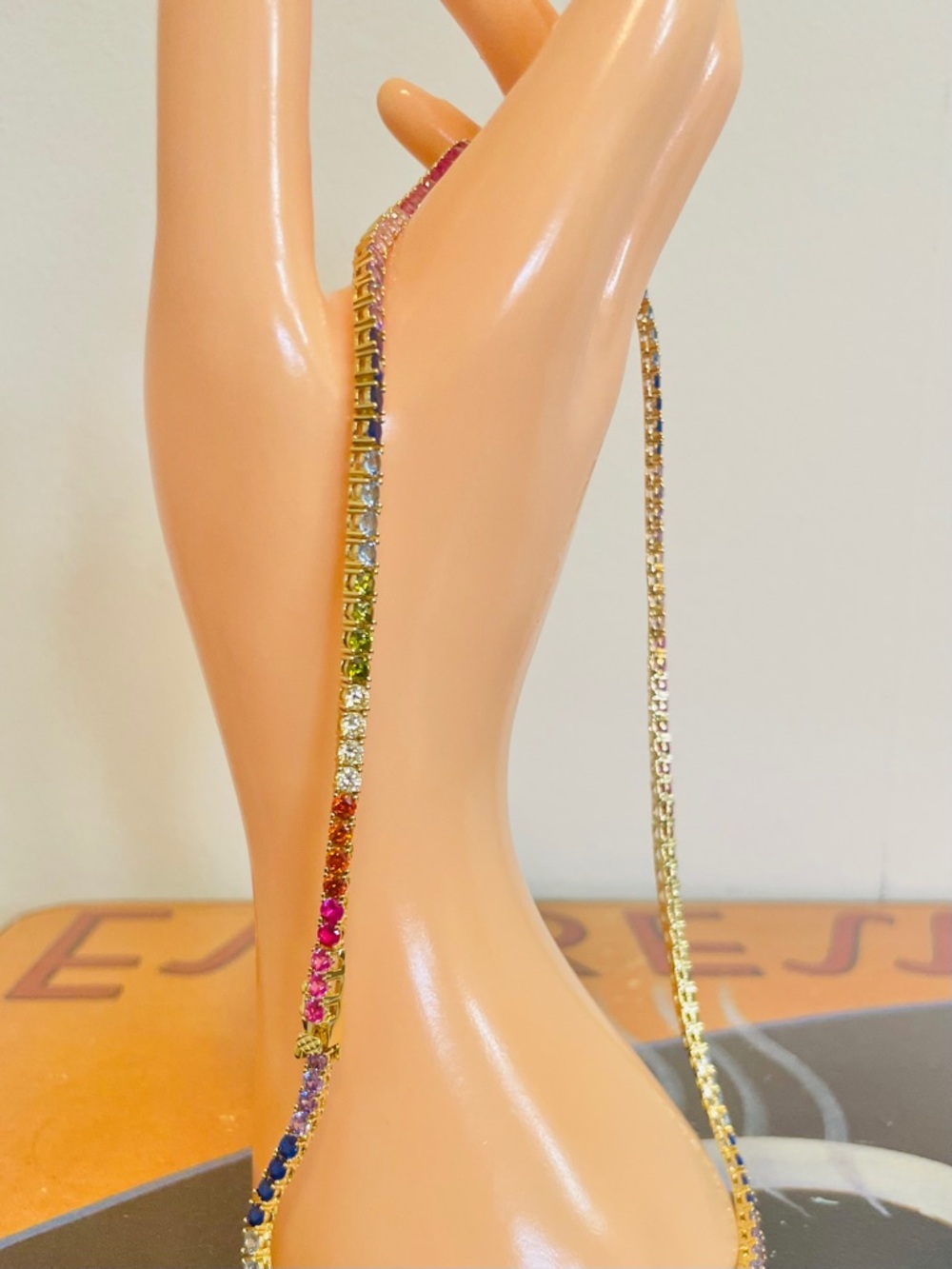 Multicolor Rainbow CZ Tennis Necklace Gold Over Rhodium NWOT - Picture 6 of 10